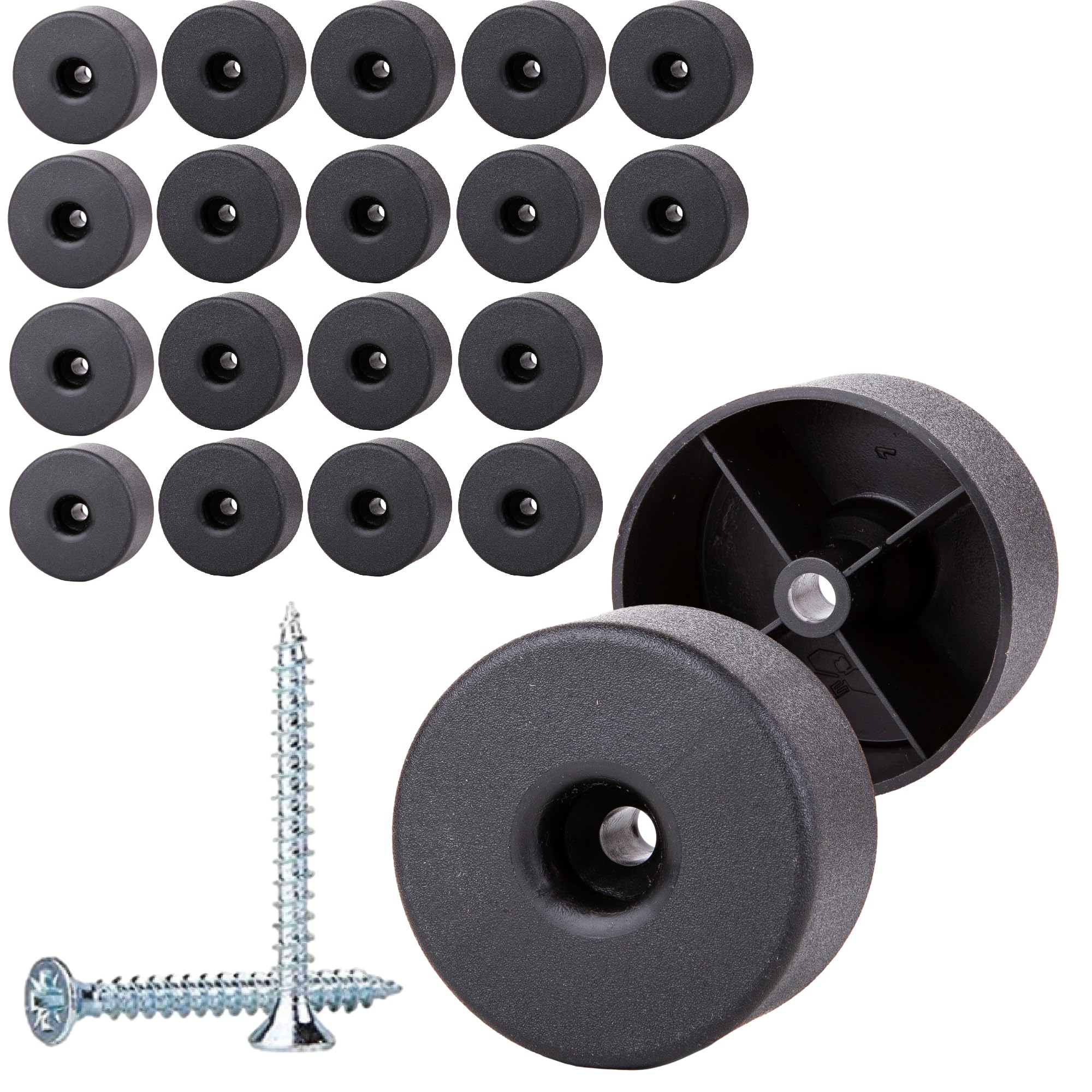 SKIR'CO 20 pcs, Black Plastic Round Furniture Legs, 50 mm Diameter, Height 25 mm, Plastic Furniture Feet, Screws Included