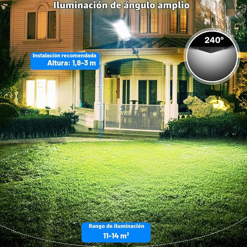 Farolas Solares Exteriores, 600W Potente Luz Solare Exterior con Sensor de Movimiento,Control Remoto, 6500K LED Focos Solares Exterior Impermeable Lampara Solar para Jardín Garaje, 2 Paquete