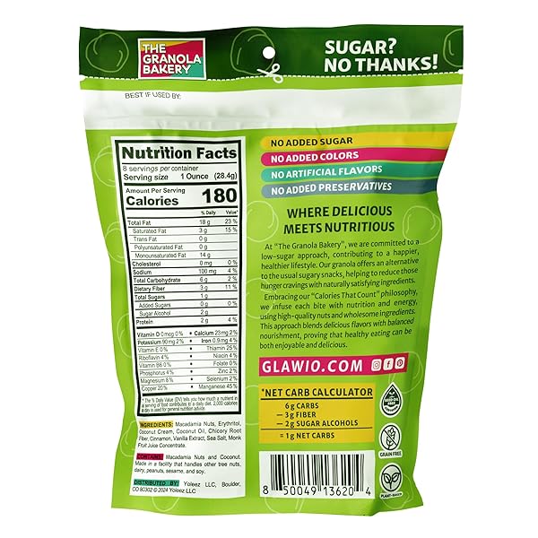 THE GRANOLA BAKERY TGB CINNAMON MACADAMIA KETO NUTS, 1G NET CARB, NO ADDED SUGAR, HIGH FIBER, GLUTEN FREE, GRAIN FREE, HEALTHY LOW CARB SNACK, 8OZ RESEALABLE CEREAL BAG