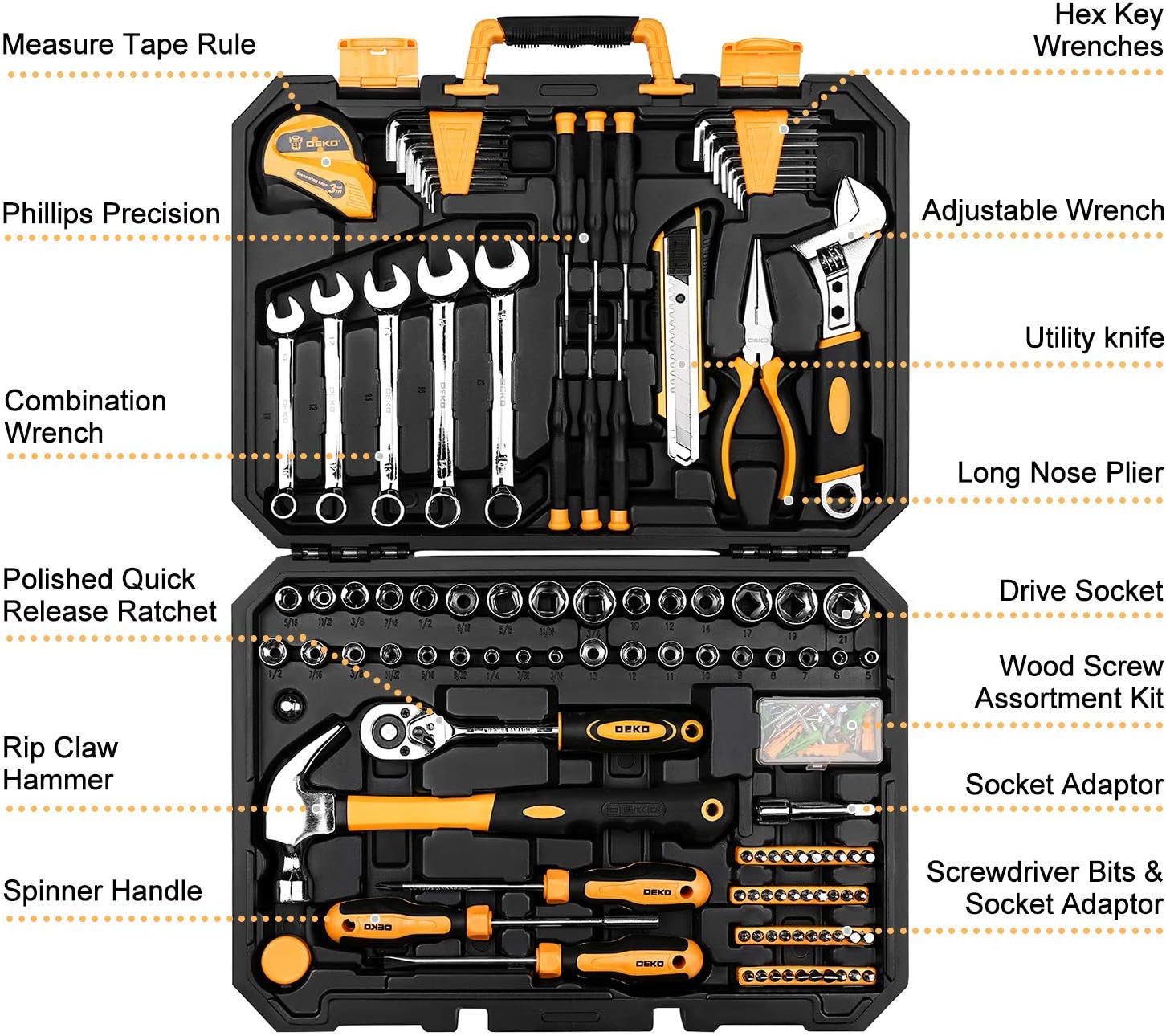 DEKOPRO 158 Piece Tool Set-General Household Hand Tool Kit, Auto Repair Tool Set, with Plastic Toolbox Storage Case - - 