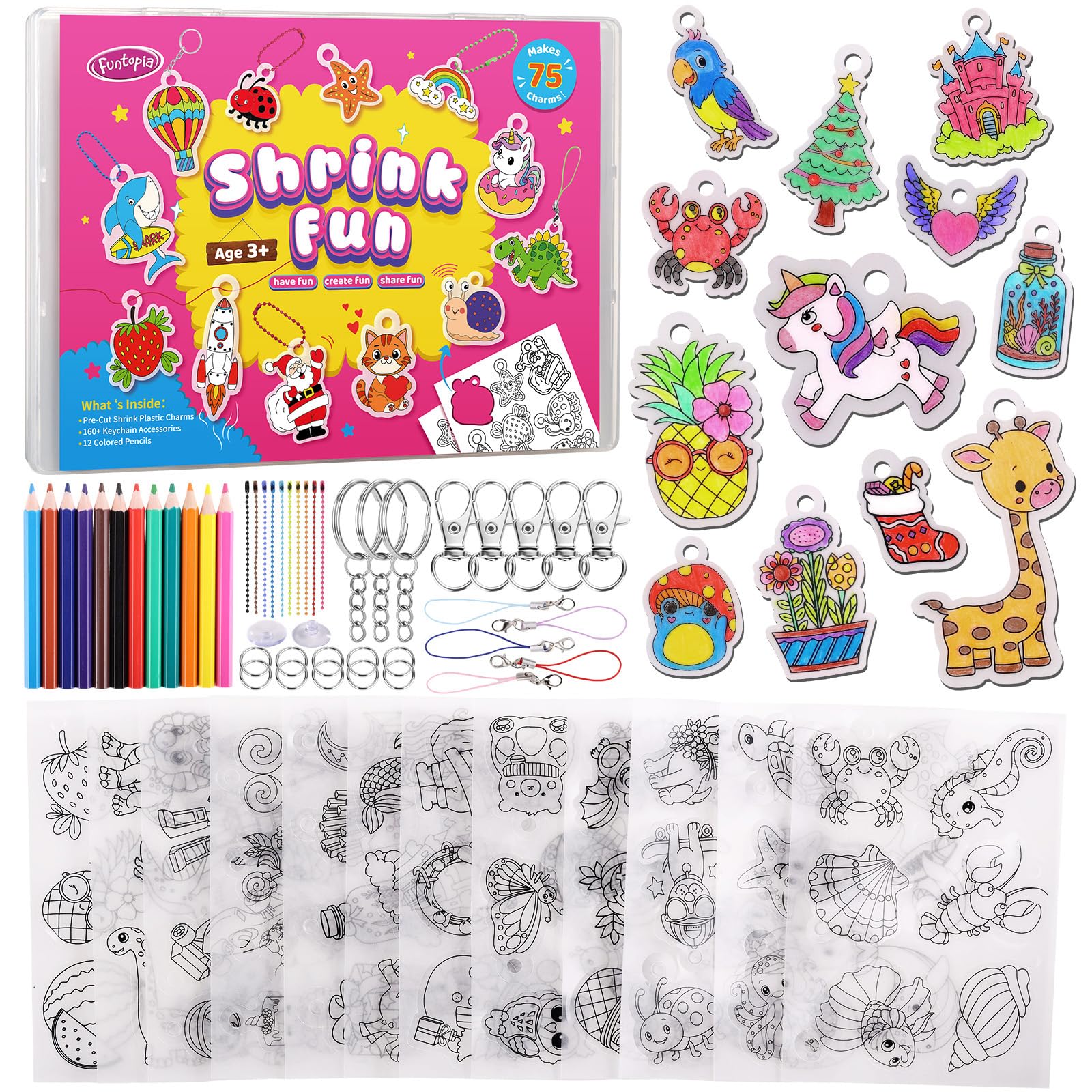 Funtopia Heat Shrink Plastic Sheets Kit,75 Pre-Cut Shrink Paper Craft Keychain Making Kit for Kids, 12 Themes DIY Shrink Plastic Sheets with Charms & Keychains Accessories for Girls and Boys