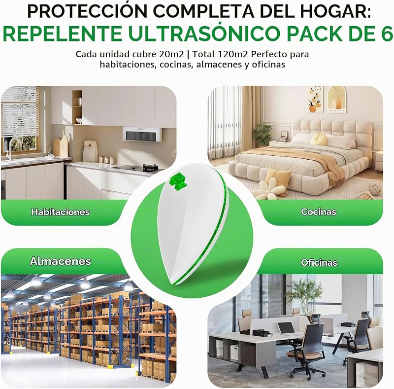6 Pack Antimosquitos Electrónico Repelente Ultrasónico de Plagas - Repelente Mosquitos Ultrasónico 3 Modes Anti Cucarachas, Moscas,Ratones,Arañas,100% Inofensivo para Mascotas y Humanos