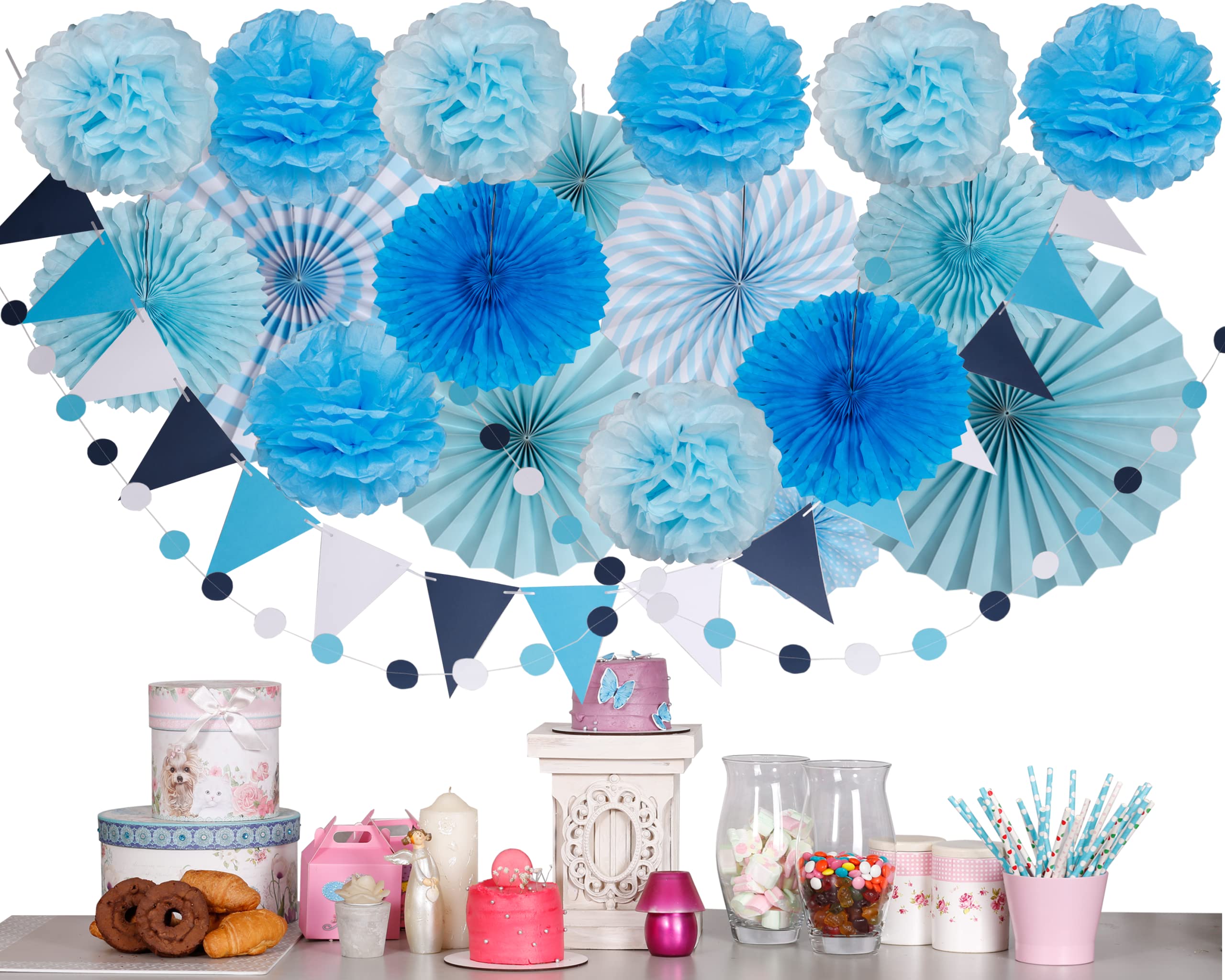 21 Pcs Blue Decorations Mamma Mia Party decorations Blue Birthday Party Bluey Boys Frozen Adult Stitch Set, Baby Shower Gender Reveal Light Pale Royal Paper Fans, Pom Poms Anniversaries (Blue Shade)