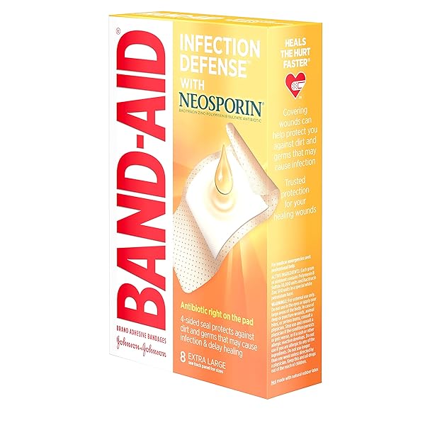 BAND-AID BRAND ADHESIVE BANDAGES INFECTION DEFENSE WITH NEOSPORIN ANTIBIOTIC OINTMENT, FOR WOUND CARE AND FIRST AID, EXTRA LARGE, 8 CT