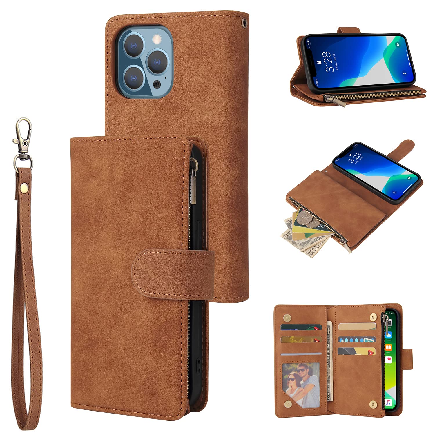 UEEBAI Wallet Case for iPhone 14 Pro Max 6.7 inch, Premium Vintage PU Leather Magnetic Closure Handbag Zipper Pocket Case Kickstand Card Holder Slots with Wrist Strap TPU Shockproof Flip Cover - Brown — image 1