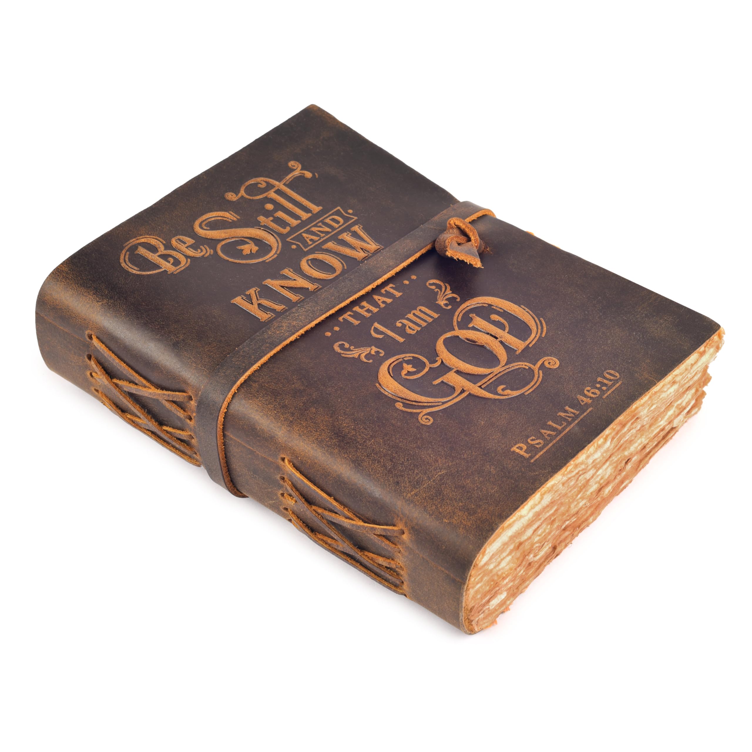 LEATHER VILLAGE Prayer Journal Psalm 46:10 Embossed Journal - 13x8 Inch Leather Bound Bible Study Journal - 200 Pages Handmade Cotton Deckle Edge Paper - Cappuccino Brown