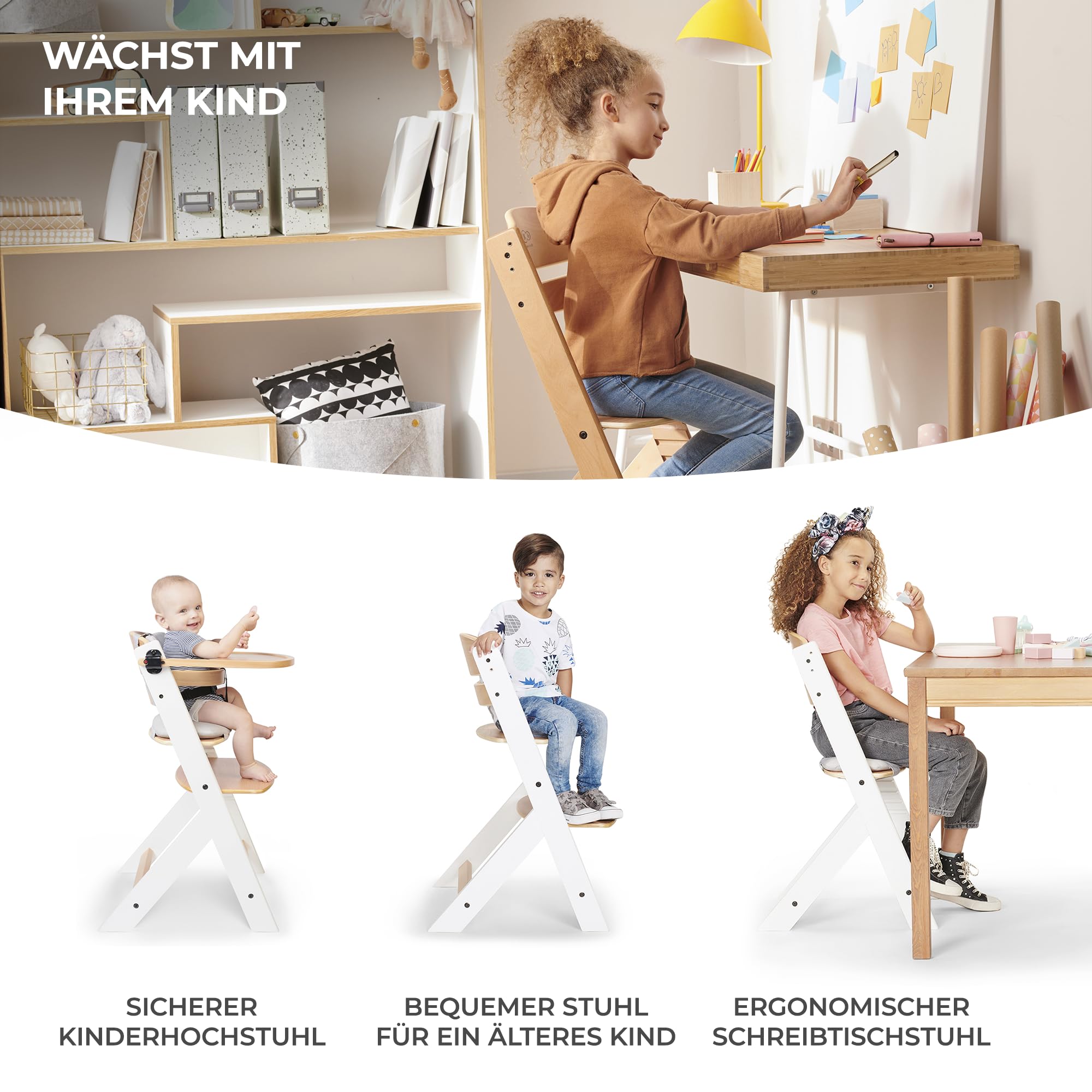 Kinderkraft ENOCK Hochstuhl & Kinderstuhl 2in1 aus Buchenmassivholz, mitwachsend von 6 Monaten bis 10 Jahre, verstellbare Rückenlehne & Fußstütze, 3-Punkt-Gurt, bis 35 kg, Grau 3