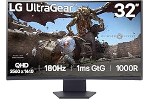 LG 32GS60QC-B Ultragear 32-inch Curved Gaming Monitor QHD (2560x1440) 180Hz 1ms 1000R AMD FreeSync HDR10 HDMIx2 DisplayPort Borderless Design Black Stabilizer DAS Crosshair FPS Counter - Black