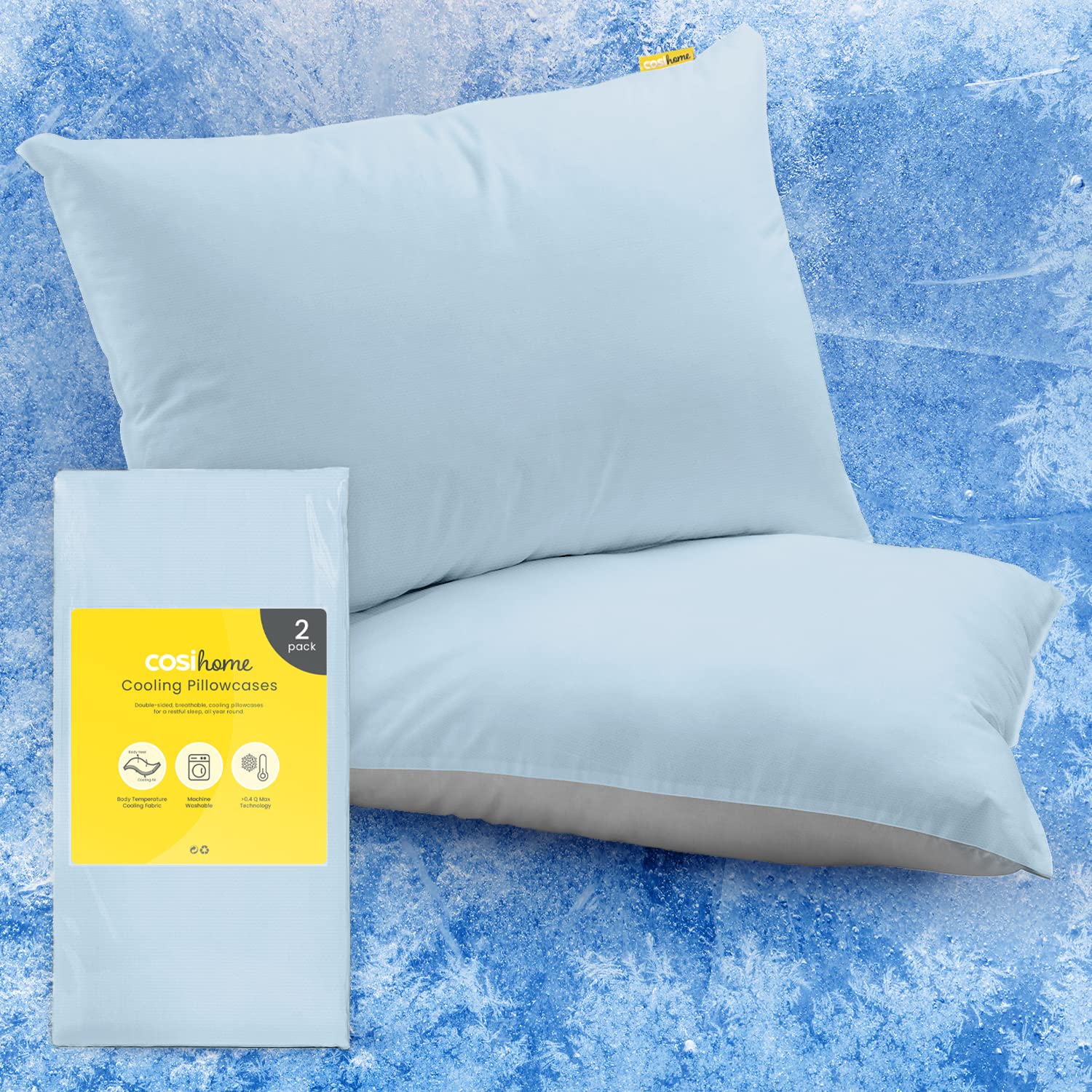 Cosi Home Cooling Pillow Cases (2 Pack) Q-Max 0.45, Double-Sided for Summer & Year-Round Use, Breathable Cool Silky Pillow Covers, Machine Washable - Blue