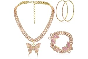Hinly 3 Pieces Butterfly Cuban Jewelry Set Cuban Link Chain Necklace for Women Rhinestone Butterfly Pendant Necklace Rhinestone Butterfly Bracelet Large Hoop Earrings Bling Earrings