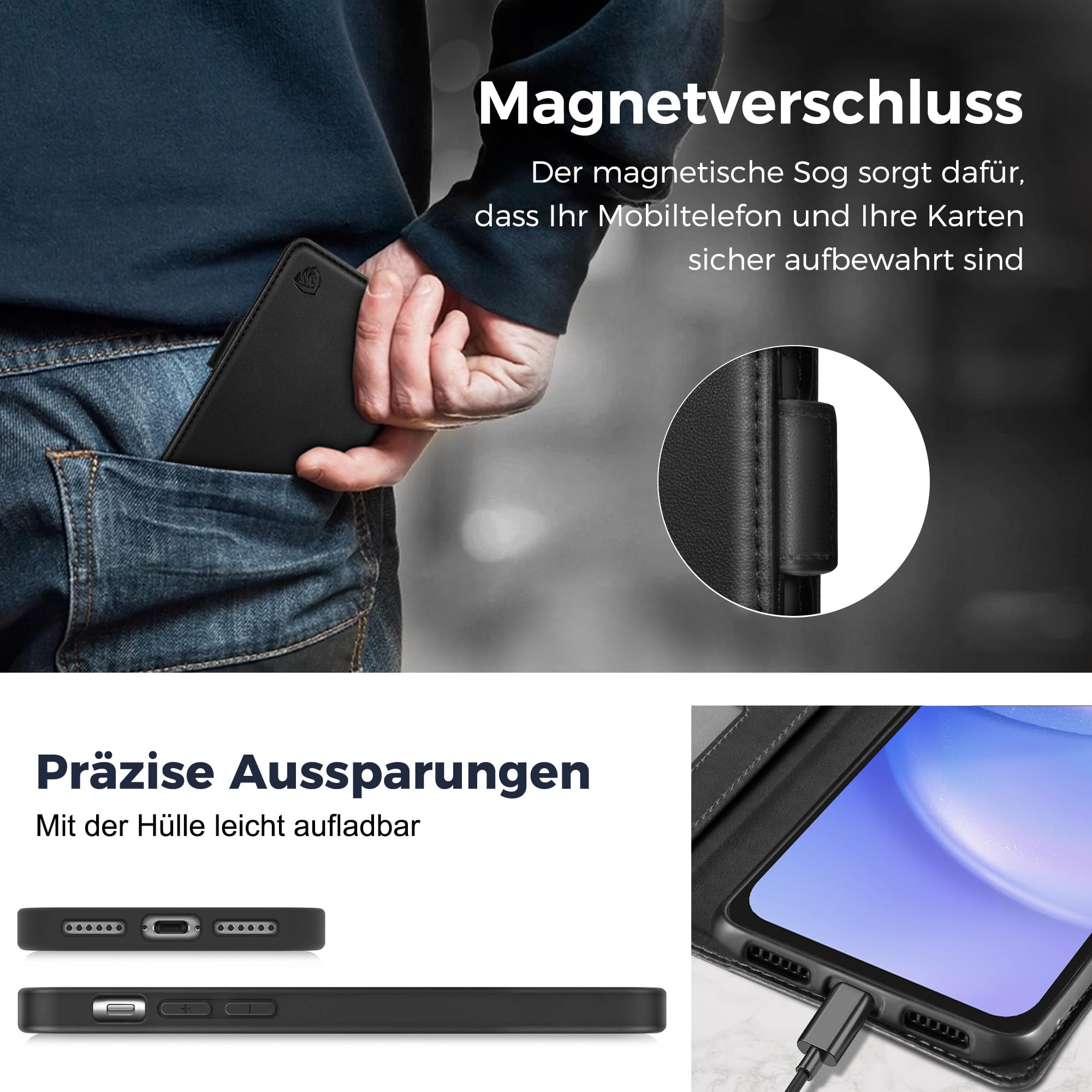 CASBST Handyhülle für iPhone 15 Hülle Premium Leder Schutzhülle Klappbar mit Kartenfach Ständer Magnet für iPhone 15 Handytasche mit RFID Kameraschutz Flip Case Klapphülle für iPhone 15 Schwarz