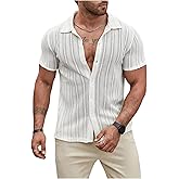 Verdusa Men's Hollow Out Sheer Button Down Shirt Short Sleeve Casual Collared Shirts