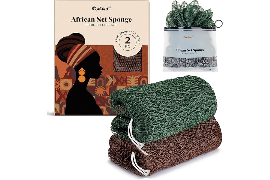 CORATED African Net Sponge Authentic, Shower Loofah Exfoliating Bath Sponge | Body Scrubber for Women and Men Daily Use Body Care, Travel Portable Bath Accessories Spa Gifts