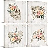 KREATIVE ARTS 4-Piece Vintage Skull Canvas Wall Art Floral Skeleton Anatomy, Gothic Decor for Bedroom, Living Room, or Office, Medical Human Anatomy Halloween Print, Ready to Hang