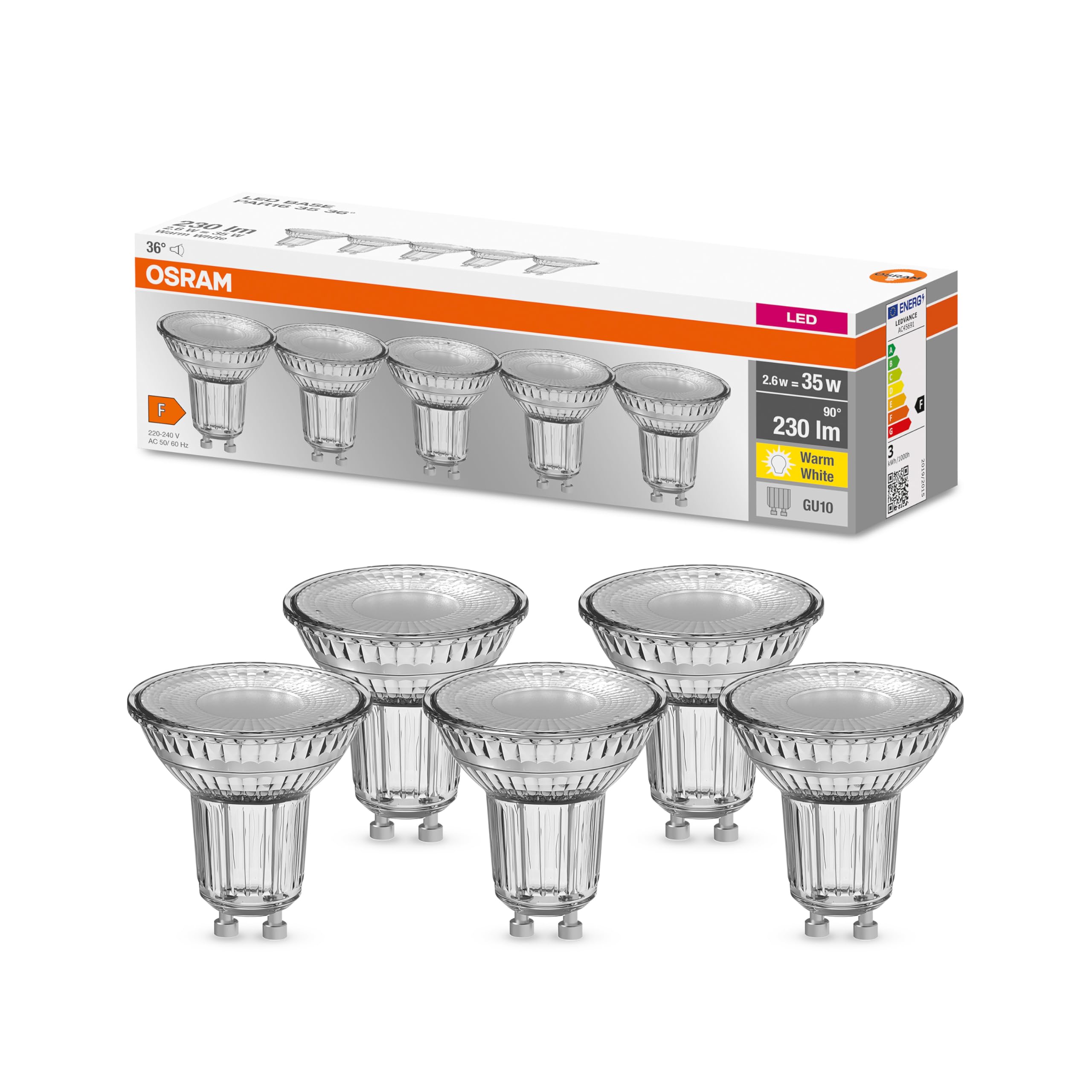 OSRAM LED reflector lamp , Base: GU10 , Warm White , 2700 K , 2.30 W , replacement for 35 W Reflector lamp , LED BASE PAR16 [Energy efficiency class A++]