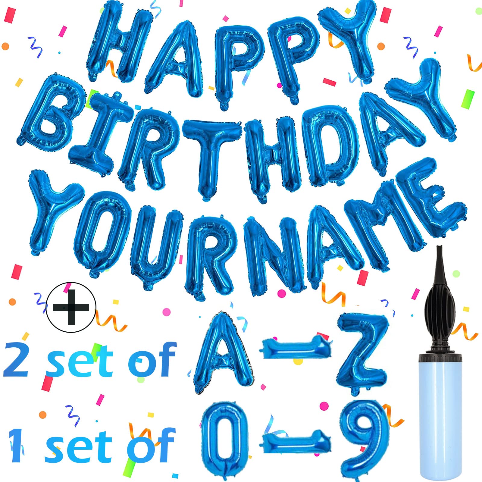 Photo 1 of 76pcs Happy Birthday Balloon Banner, Blue Balloons Letters, Personalized 16" Mylar Foil Birthday Decorations includes 2 Sets A- Z, 1 set Number 0-9 and "HAPPY BIRTHDAY" letters (with Balloon Pump)