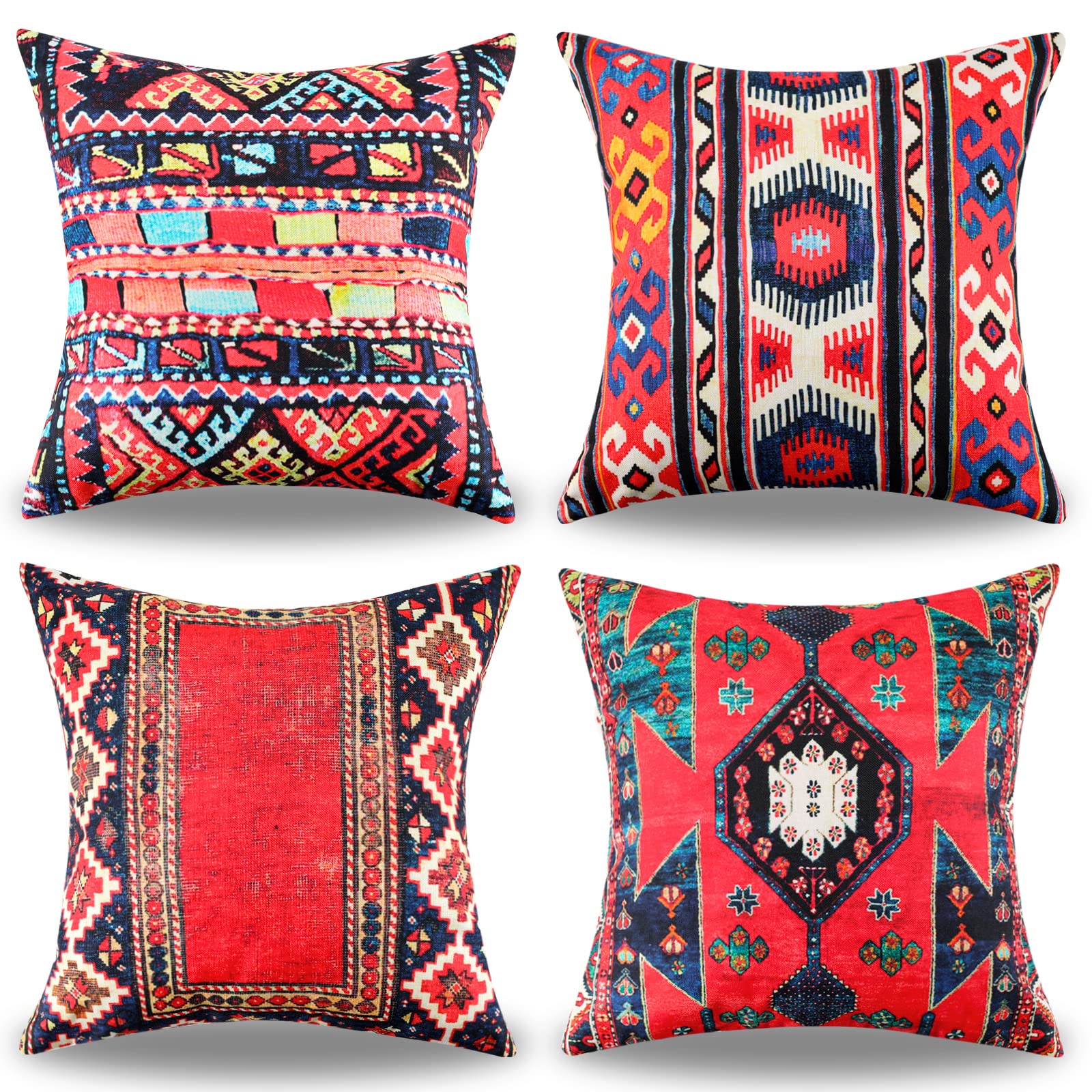 Red Cushion Covers Turkish Cushions Oriental Carpet Tribal Pattern Boho Decorative Throw Pillowscase Geometric Cushion Cover Linen Vintage Cushion For Livingroom Outdoor Sofa Home Deco 4 Set