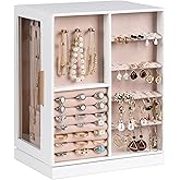 Frebeauty 360° Rotating Jewelry Box,PU Leather Jewelry Organizer with 6 Drawers,Large Jewelry Storage,Clear Window,Golden Handle,Vertical Jewelry Holder for Earrings Necklace,Gift for Women(White)