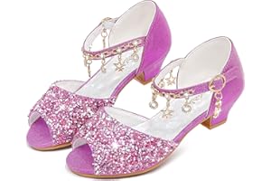 Furdeour Sparkly Girls Dress Shoes Princess Shoes High Heels Peep Toe Low Heel Glitter Toddler Big Kid Wedding Party
