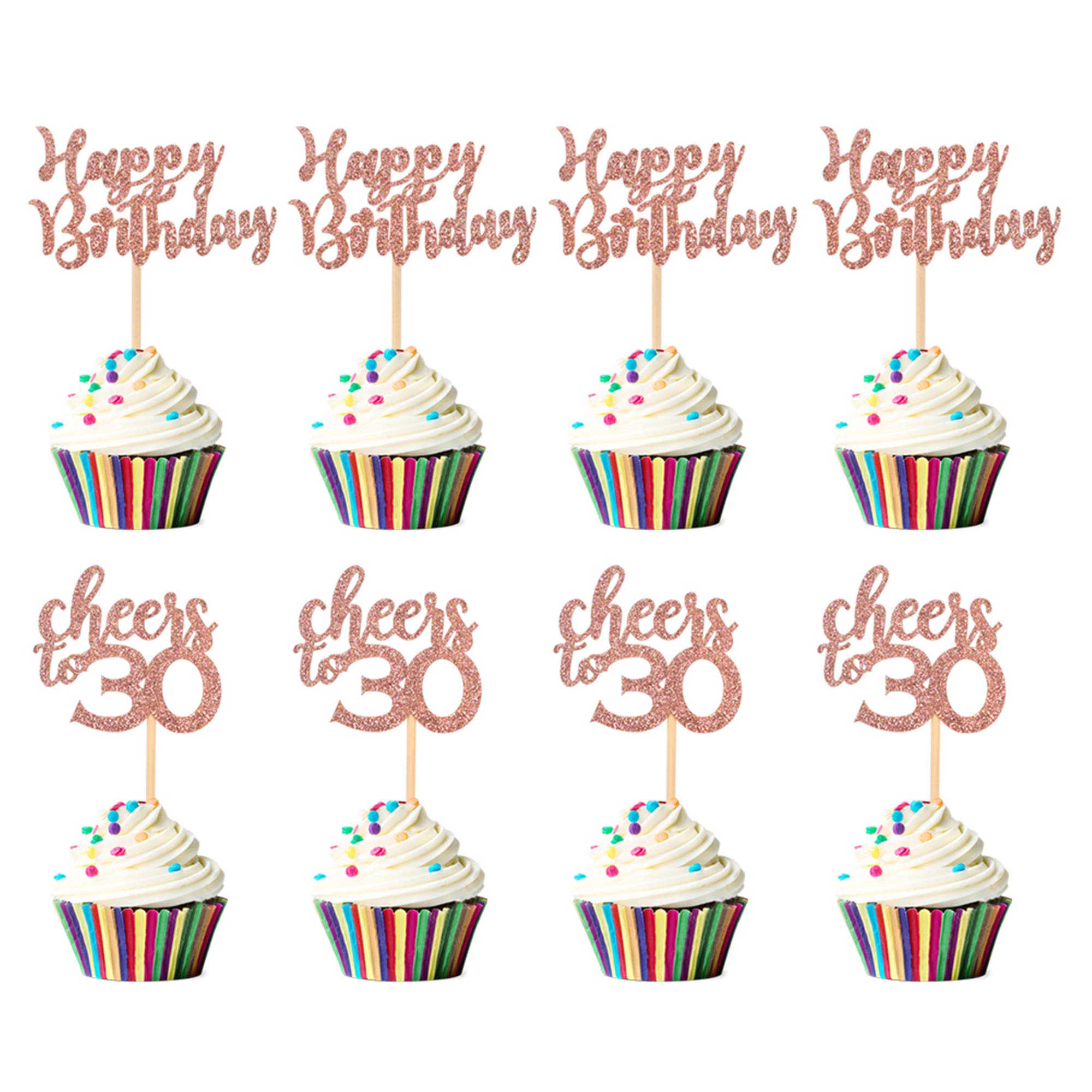 Blumomon 24Pcs Cheers to 30 Cupcake Toppers Rose Gold Glitter Happy Birthday Cake Toppers Party Cake Decorations