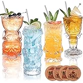 SUN GKOTTA Clear Tiki Glasses Set of 4 - Exotic Tropical Cocktail Glasses with Straws and Coasters,Hawaiian Style Tiki Mugs for cocktails,Mai Tai, Zombie and Pia Colada,Tiki Bar Drinkware.