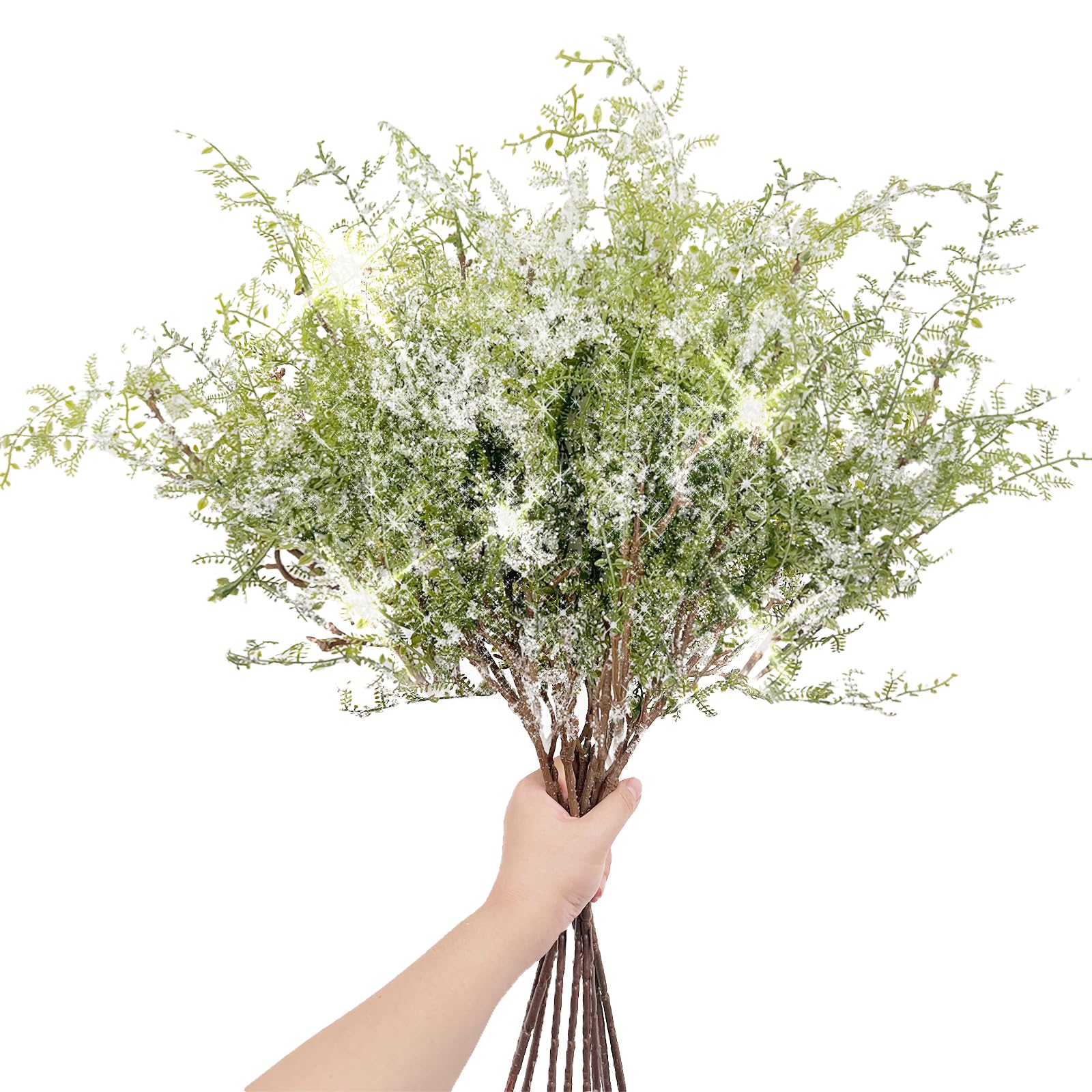 SNAIL GARDEN 8 Pack Artificial Pine Branches with Sparkling Sequins,Christmas Sprigs with Detachable Design for DIY,Lush and Bendable Faux Pine Picks,Fake Greenery Pine Pick for Home Decoration