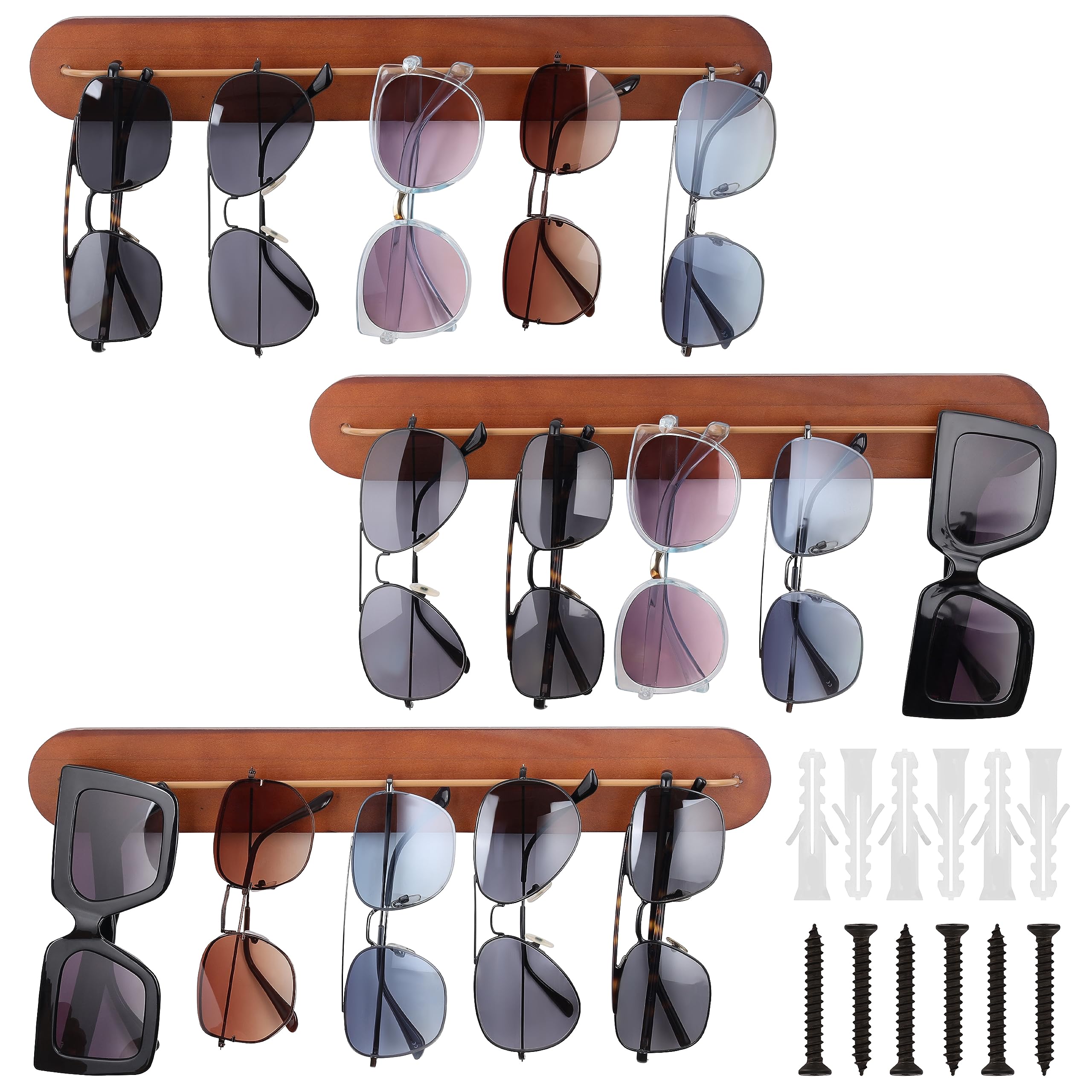 Kurtzy 3 Pack of Wooden Wall-Mounted Sunglasses Racks - Hanging Eyeglasses/Eyewear Display Organiser Holders - Decorative Hanging Storage for Entryway, Bedroom, Living Room - Each Rack Holds 5 Pairs