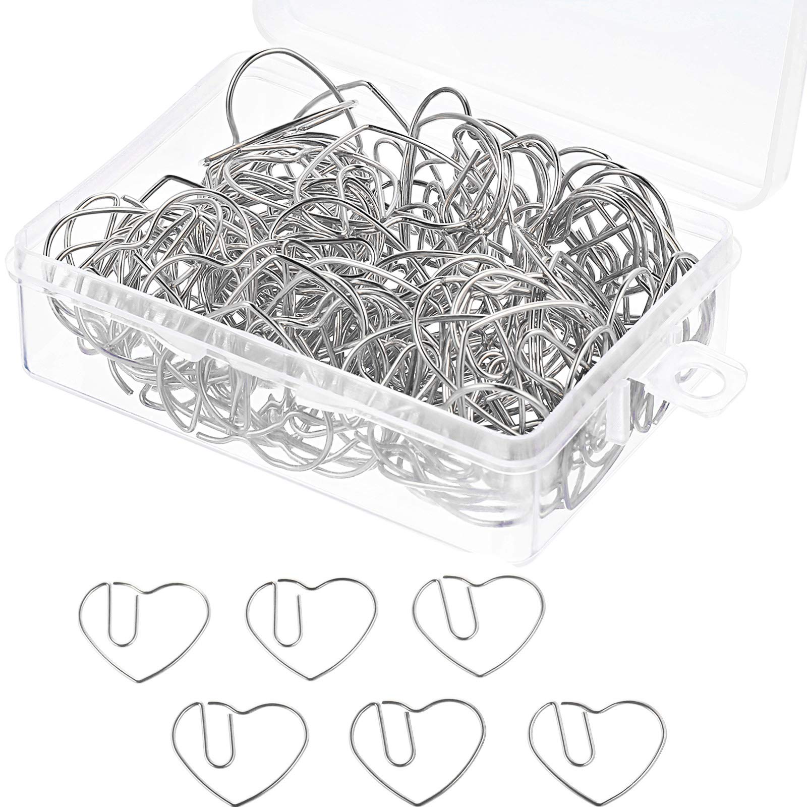 Jetec 100 Pcs Heart Paper Clips Mini Heart Shaped Stainless Steel Paperclips Cute Silver Metal Clips Fancy Decorative Bookmark for Wedding Baby Shower Office Stationery School Document Note Sorting