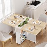 Garvee Folding Dining Table with Storage, Folding Kitchen Table with 6 Wheels, Drawer &amp; Shelves, Compact Dining Table for Small Spaces
