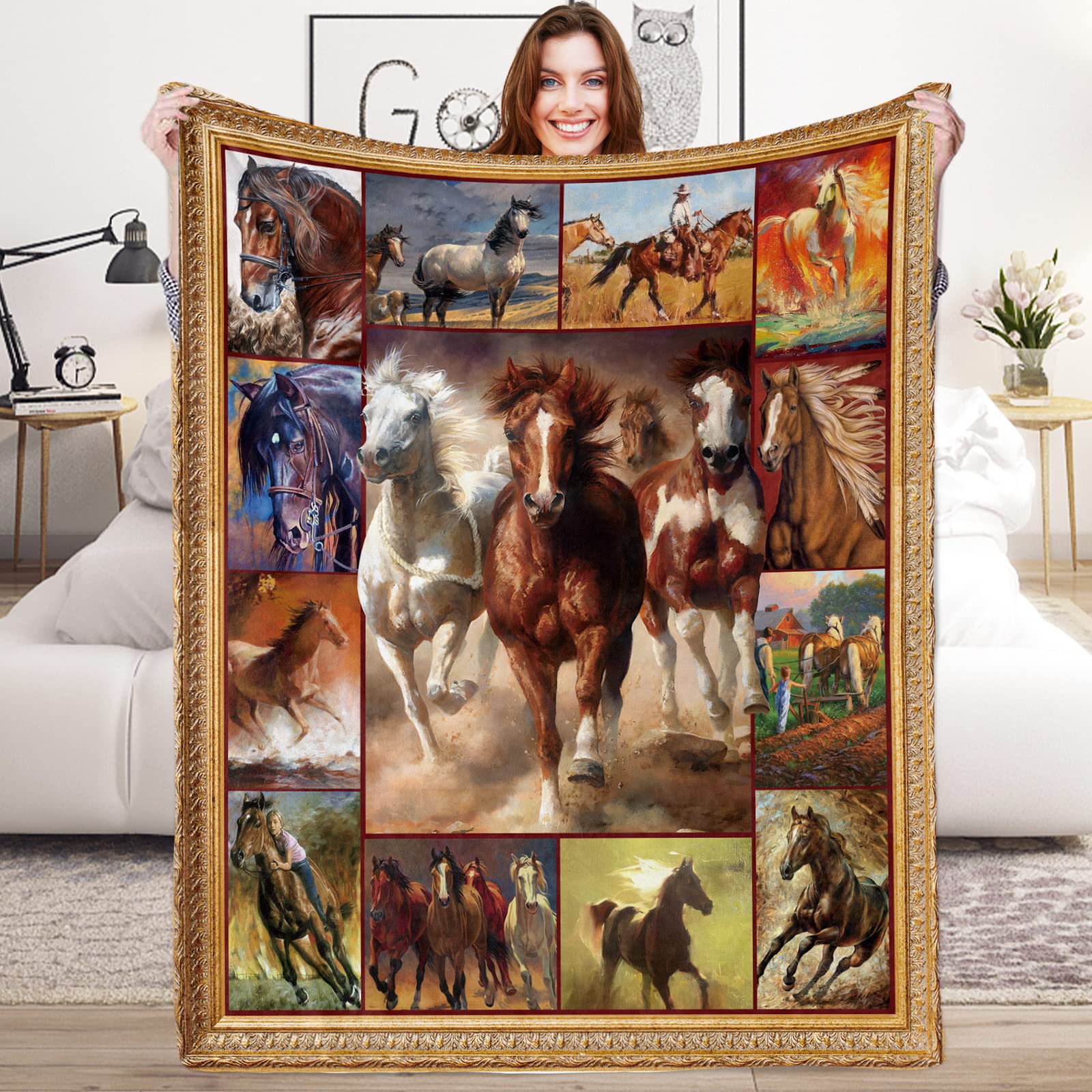 Lingqiang Horse Blanket Gifts for Girls Boys, Brown Horse Plush Flannel Throw Blanket for Kids Horse Lover, Horserace Cozy Fluffy Blanket for Teens Men Women Couch Bed Sofa Bedroom, 130 x 150 cm