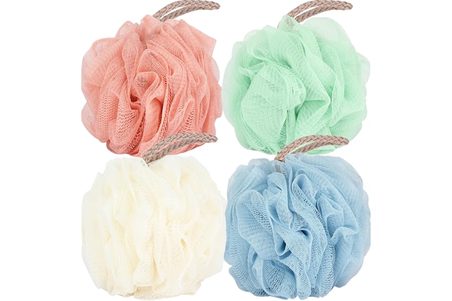 Fu Store Loofah Sponge Shower Loofahs 4 Colors Bath Sponges Mesh Balls for Body Scrubber Exfoliator Wash Back Scrubber Bathroom Men Women – 4 Pack Scrubbers Cleaning Bathing Accessories