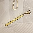 Neodrain 24-Inch Gold Linear Shower Drain, 2-in-1 Flat & Tile Insert Cover, Stainless Steel Linear Drain, Brushed Brass Rectangle Shower Floor Drain with Hair Strainer, Watermark&CUPC Certified