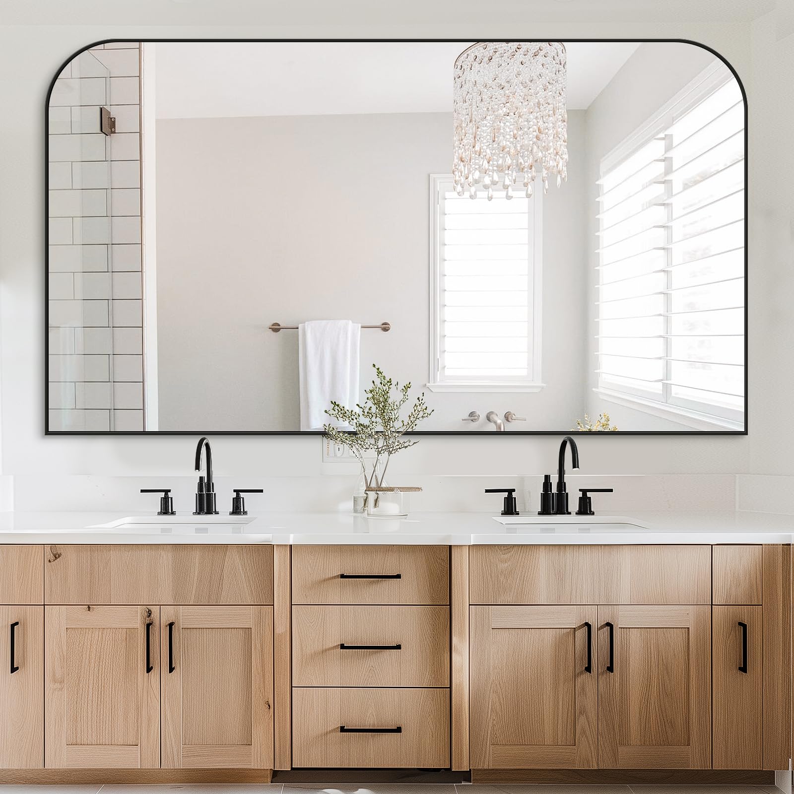 Photo 1 of Bathroom Mirror, Wall Mirrors, Black Metal Framed Wall-Mounted Mirrors, Bathroom Vanity Mirror for Over Sink, Living Room, Bedroom, Entryway, 60x36 Inch, Black