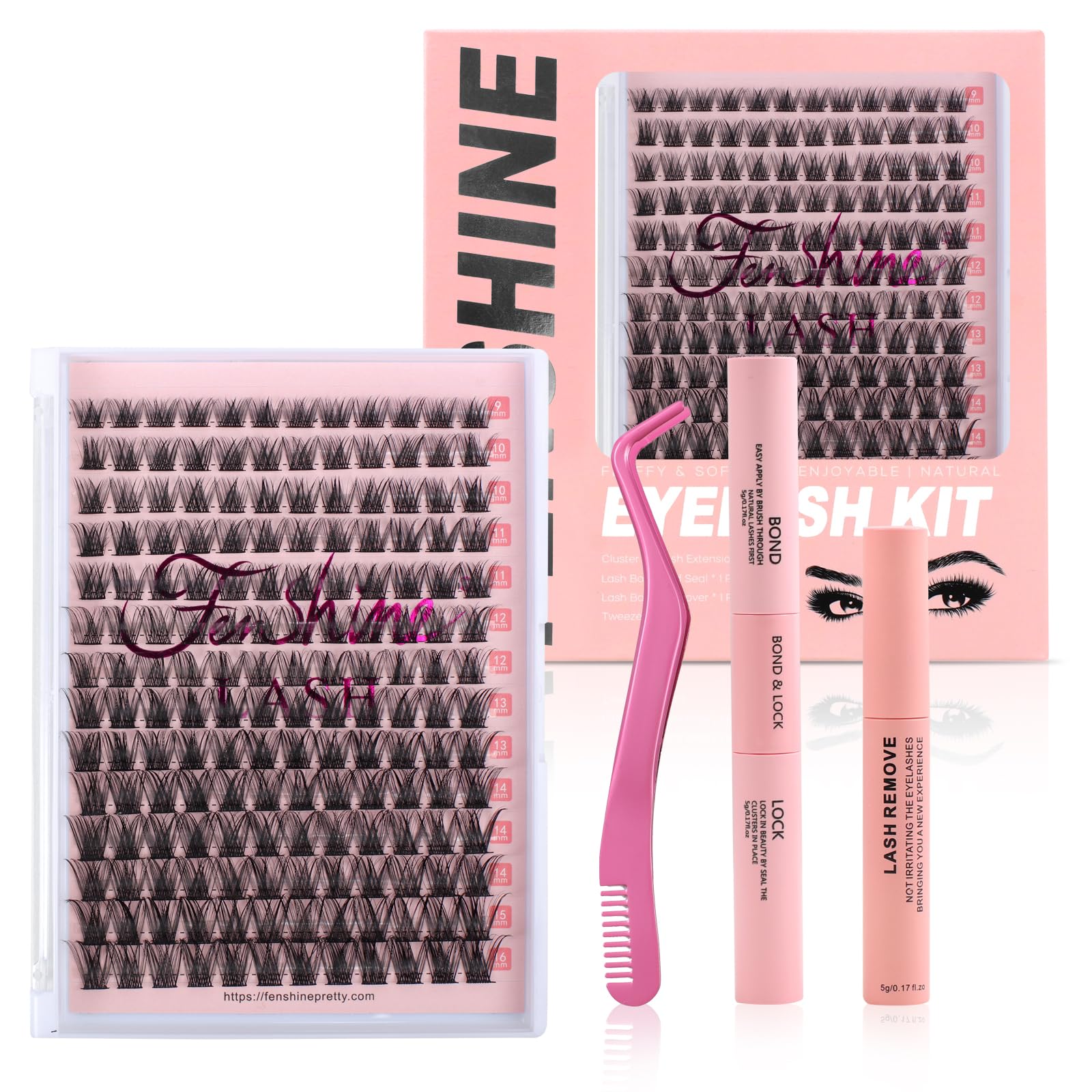 Fenshine Cluster Lashes Individual Lashes Wide Stem C/D Curl 9-15mm Length DIY Eyelash Extension Individual Soft False Lashes for Personal Use at Home (Pink Box, T02 Kit) — image 1
