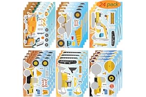 OTAITY 24 Sheets Make Your Own Construction Vehicle Stickers for Kids Boys, Make-a-Face Engineering Vehicles Fire Trucks Excavator for Construction Themed Party Favors
