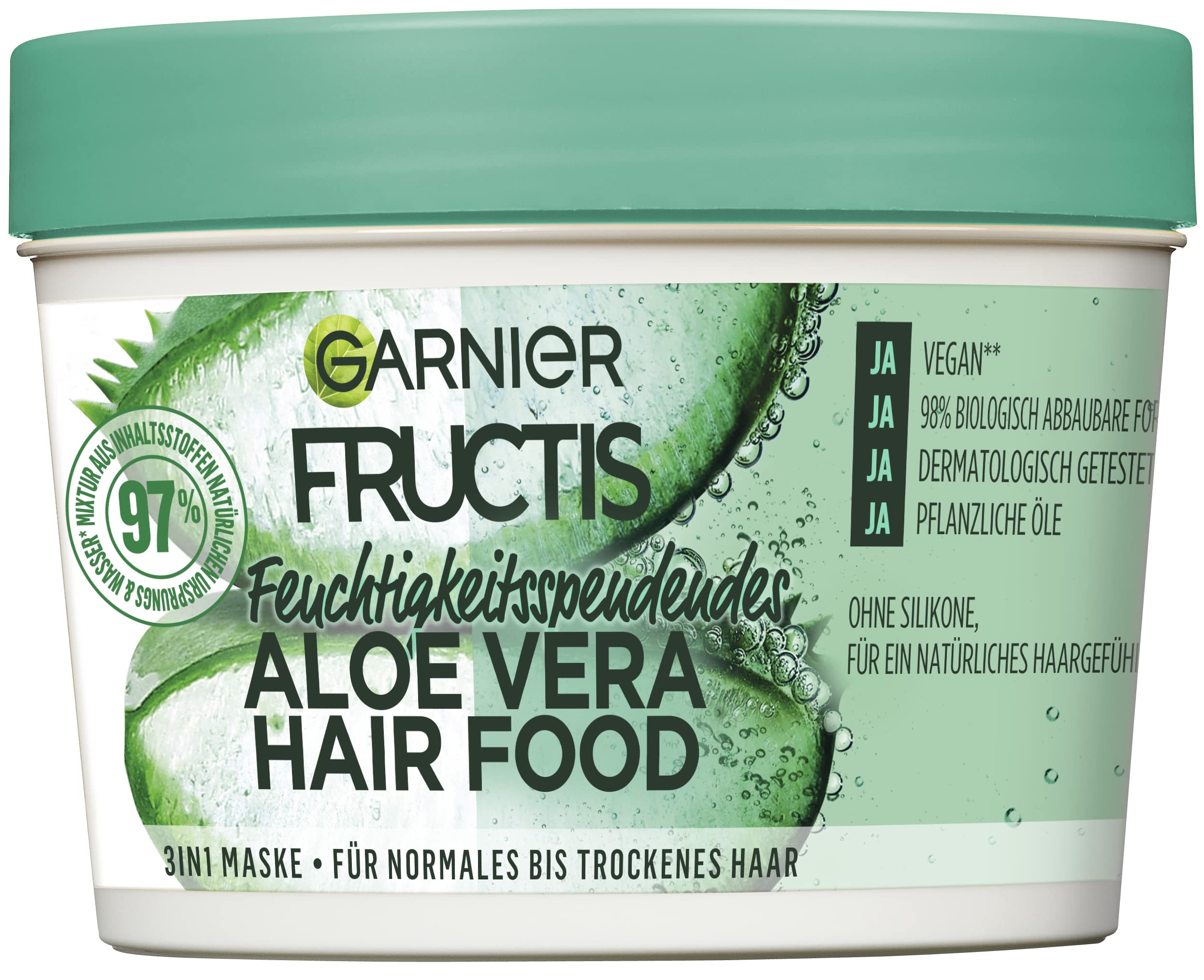 Garnier Hair Mask, Aloe Vera, Hairfood Moisturising 3-in-1 Mask, Care for Smooth Hair, Fructis, 390 ml