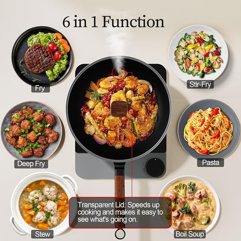33cm/13inch Premium Wokpfanne mit Glasdeckel - Kohlenstoffstahl Wok ohne chemische Beschichtung, Ideal für Asiatische Küche, Induktionstauglich für Gasherd, Elektro- und Ceranfeld — Foto 4 von 7