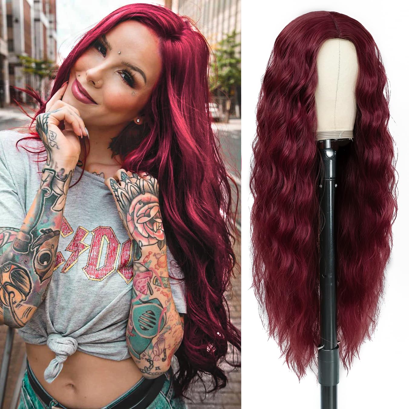 PORSMEER Long Wavy Wine Red Wig for Women - Middle Part Fluffy Curly Natural Looking Synthetic Heat Resistant Fiber Hair Replacement for Daily Party Use (Burgundy) — image 1