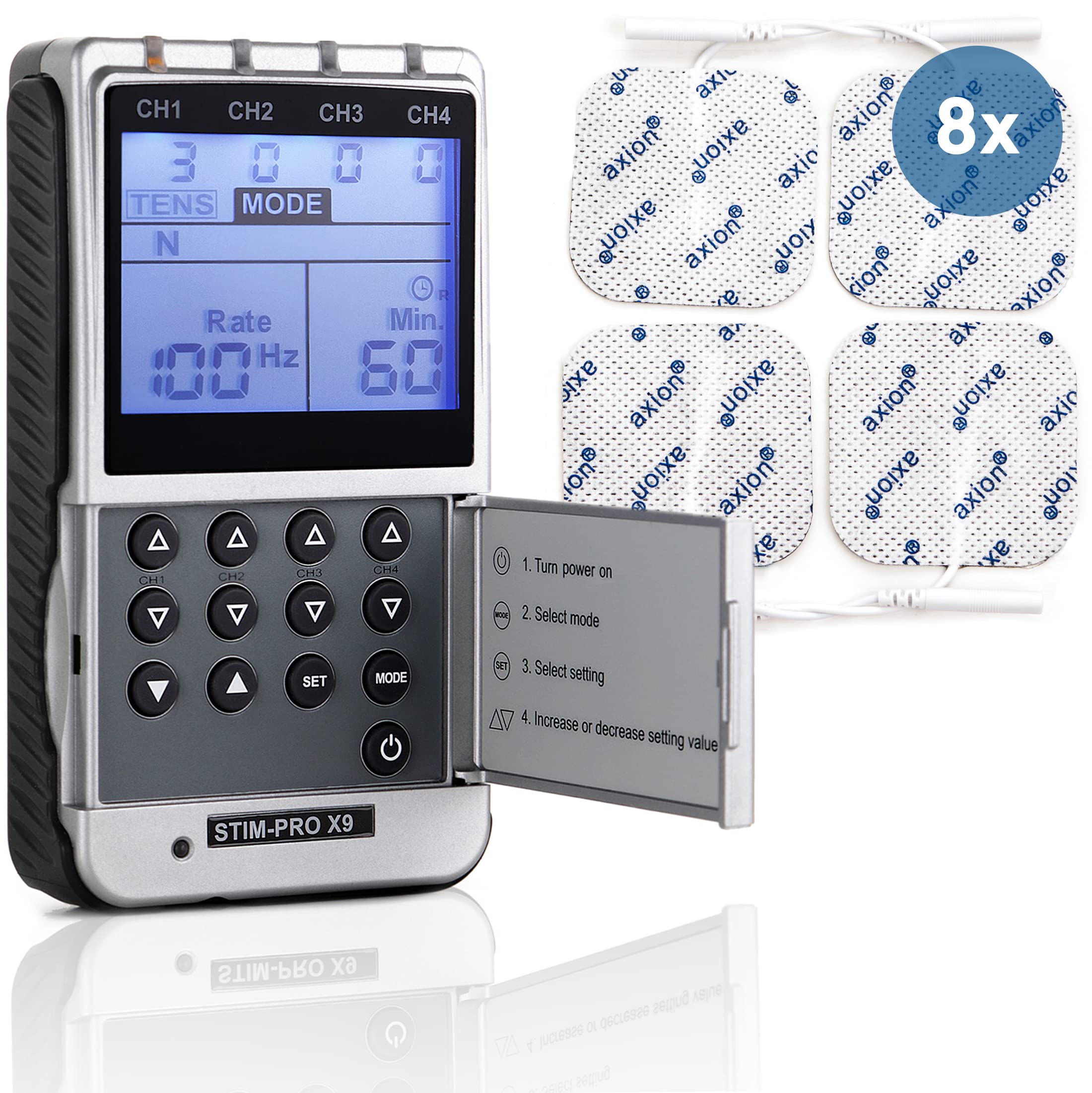 axion 4-Channel TENS Machine for Pain Relief STIM-PRO X9+ Including 8 2x2'' Electrode Pads | 45 Modes and 100 Intensity Levels | Certified Medical Device