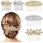 5PCS Leaf Hair Combs for Women Accessories Gold Silver Rhinestone Hair Comb Clips with Teeth Combs for Wedding Metal Decorative French Twist Slide Comb for Bride Bridesmaid Christma Parties Prom Dance