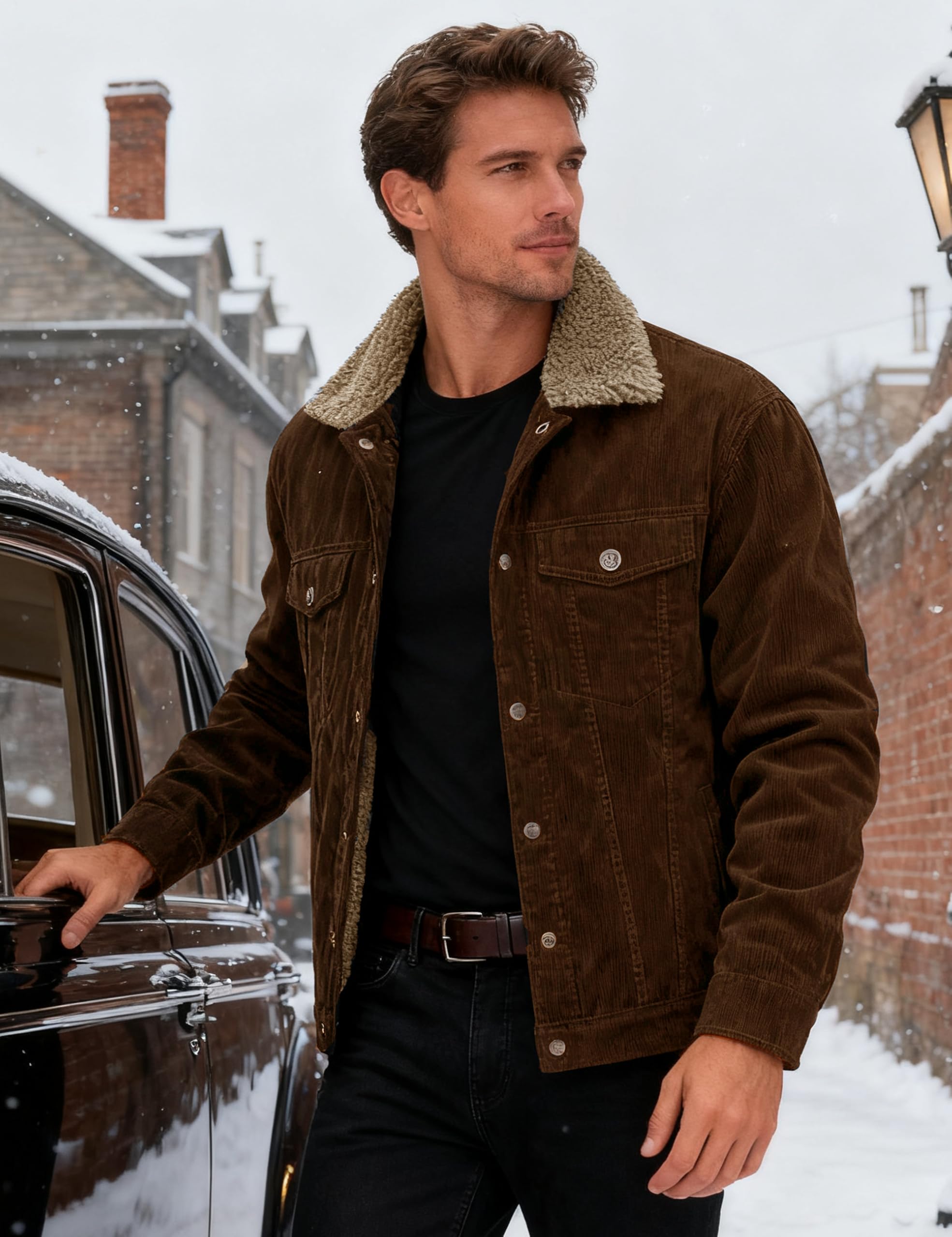 MAGCOMSEN Men's Corduroy Jacket Winter Sherpa Lined Warm Thick Trucker Cargo Coat with 5 Pockets