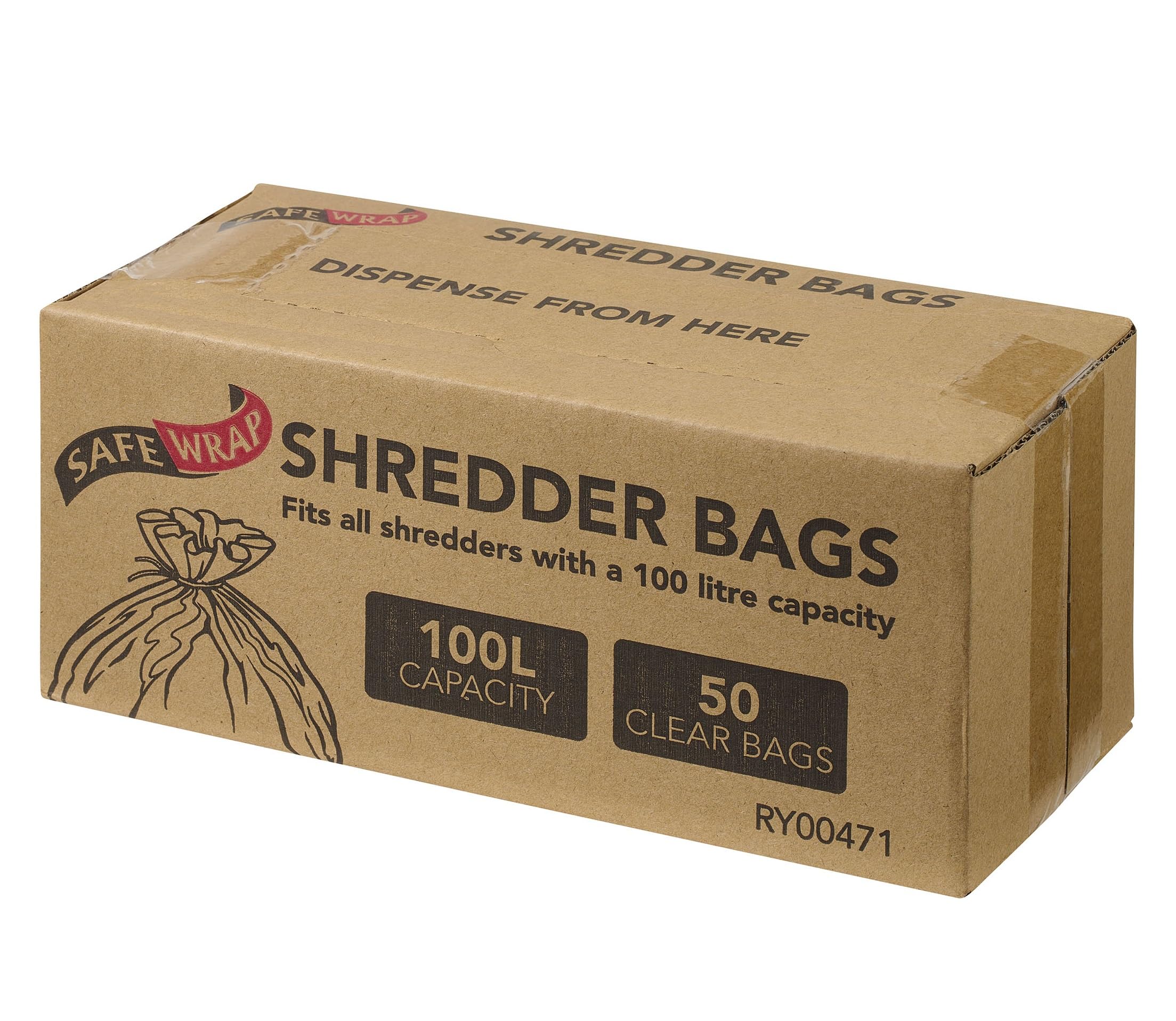 Safe Wrap Shredder Bags, 100L Capacity | Pack of 50 | Durable, High-Density Polythene | Handy Dispenser Box, 100L