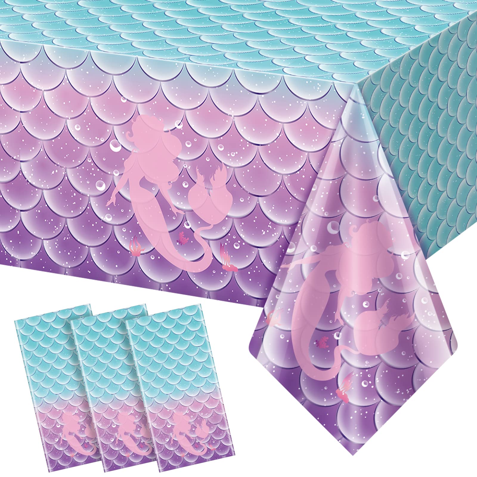 Photo 1 of Jectivs 3Pcs Mermaid Birthday Party Tablecloth Decorations,Disposable Plastic Table Cover for Princess Under The Sea Baby Shower Themed Kids Birthday Party Supplies,108x54 Inch