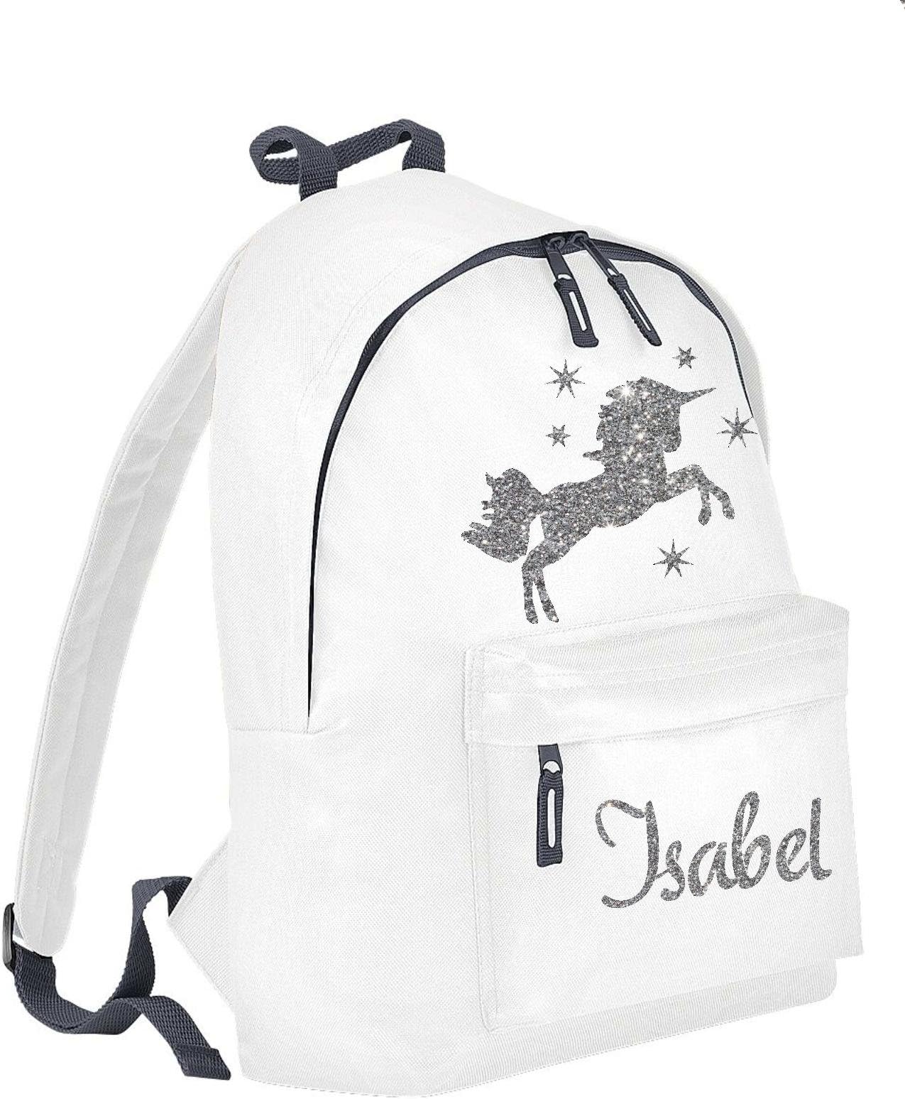 Girls Personalised Unicorn & Stars Backpack,Silver Glitter Printed Backpack with Your Name