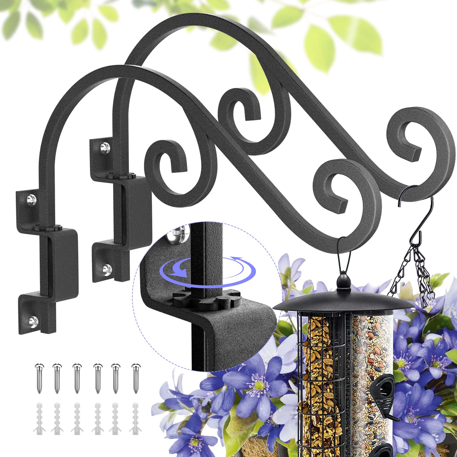 Photo 1 of Swivel Plant Hangers Outdoor: 2 Pack 16 Inch Metal Hanging Plant Bracket Sturdy Wrought Iron Plant Hooks Indoor Wall Mount for Hanging Bird Feeders, Lanterns, Flower Baskets, Wind Chimes, Black
