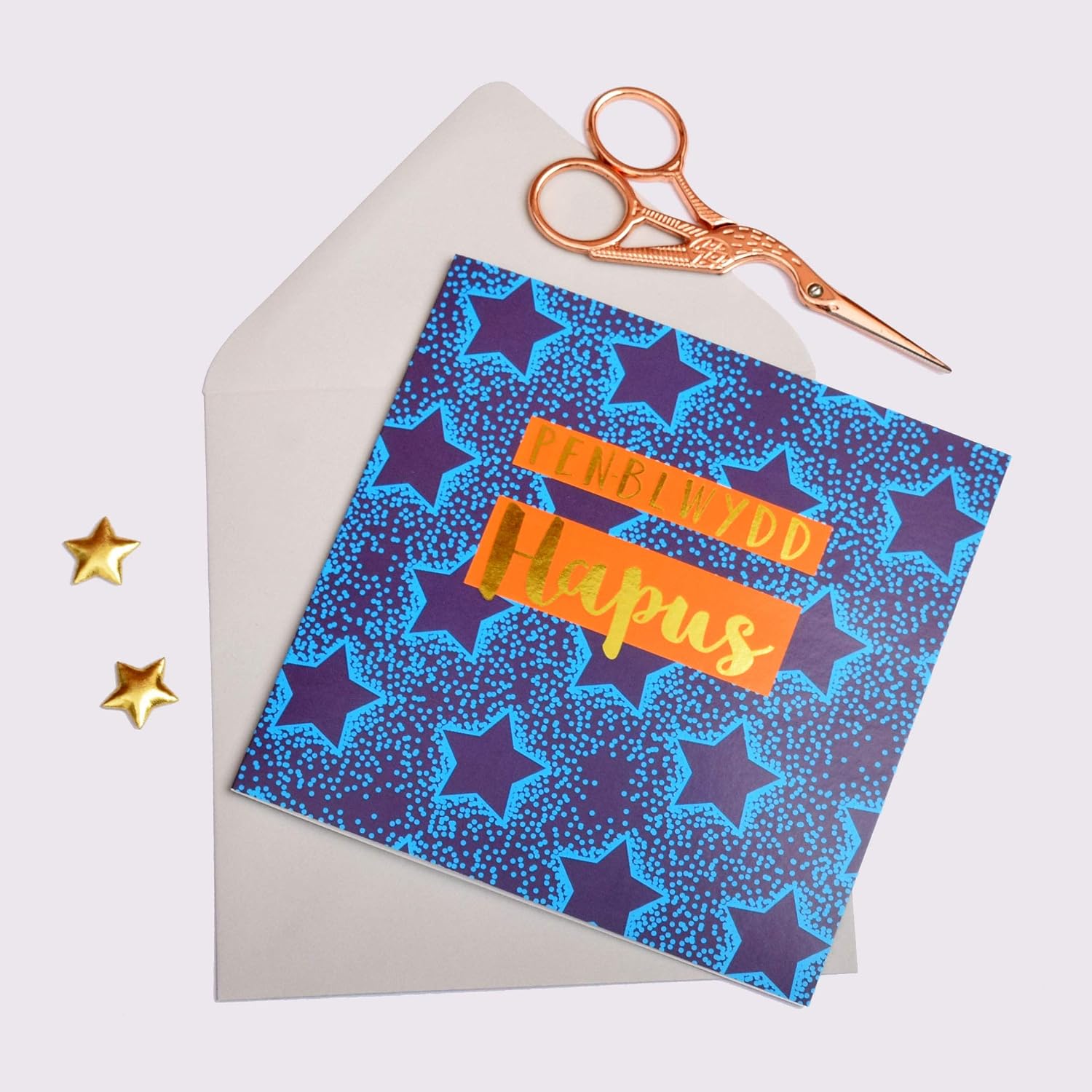 Claire Giles Greeting Cards, Welsh Happy Birthday Card, Penblwydd Hapus, Blue Stars Design Birthday Greeting Card - Image 3