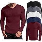 August Alley 5 Pack Men's Ribbed Thermal Shirts Cotton Long Sleeve V Neck Tops Slim Fit Pullover Undershirt Winter Base Layer