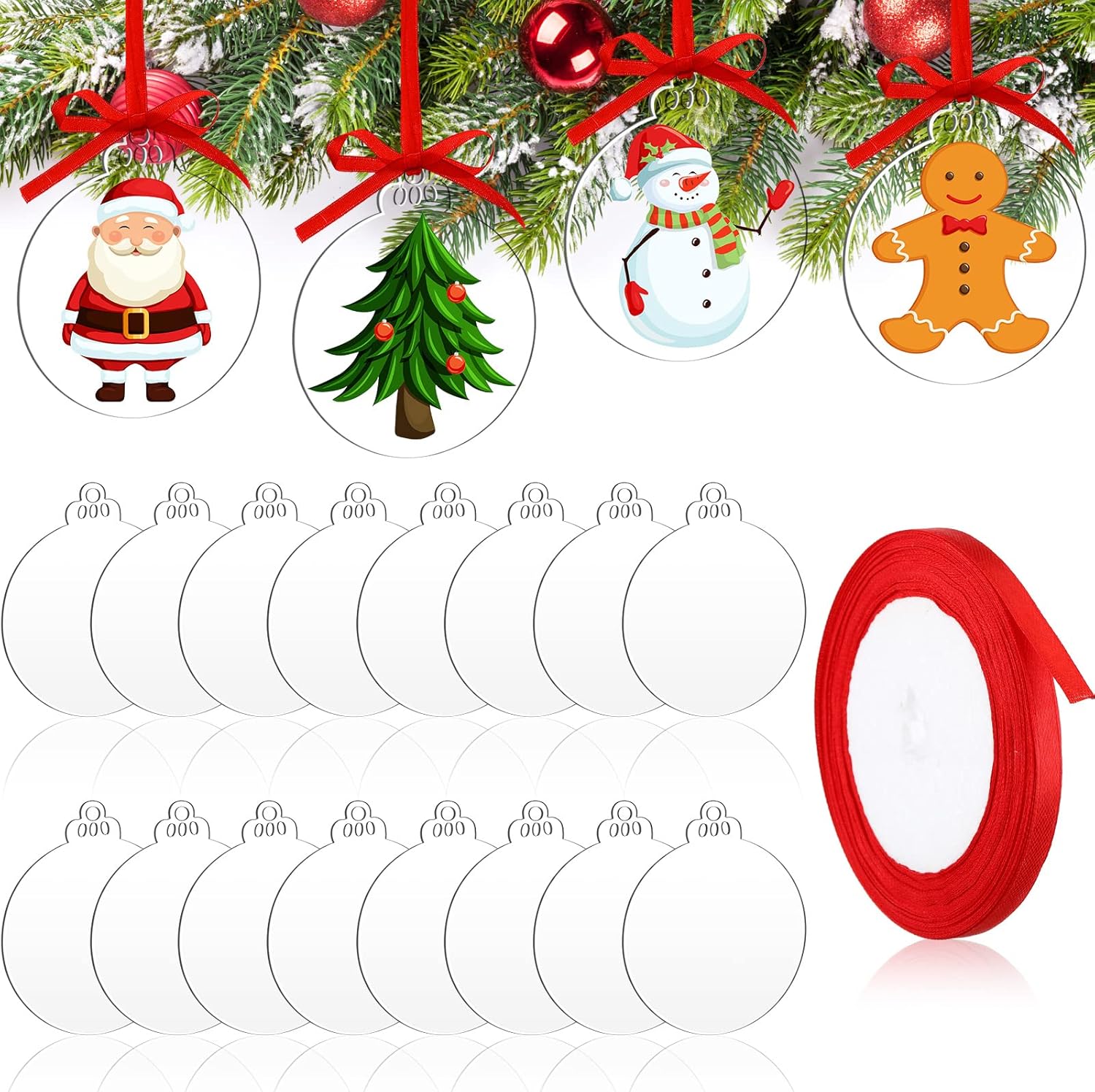 Ornaments - 42 Pieces Round Acrylic Christmas Ornament with Red Ribbon DIY Blank Round Acrylic Ornament Transparent Circle Discs for Christmas Bauble Tree Decoration Tag Craft (Classic Style,3 Inches)