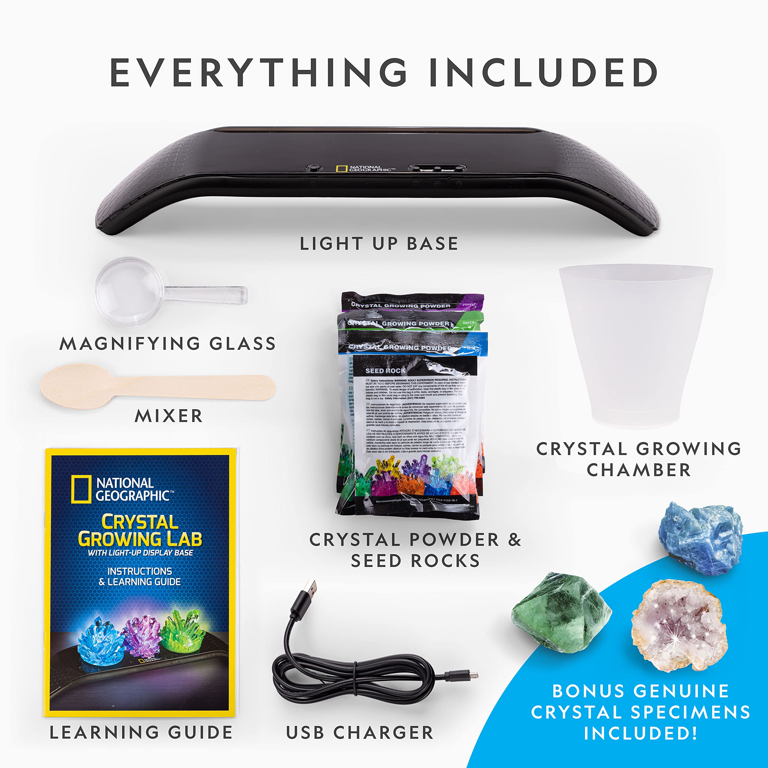 National Geographic Crystal Growing Kit - 3 Vibrant Colored Crystals to Grow with Light-Up Display Stand, Science Toy for Girls and Boys Ages 8-12, Includes 3 Gems, Cool STEM Gift (Amazon Exclusive)