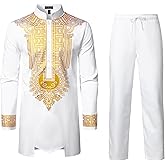 LucMatton Men's African Attire 2 Piece Set Shiny Gold Foil Printing Long Sleeve Shirt and Pant Suit Dashiki Outfit